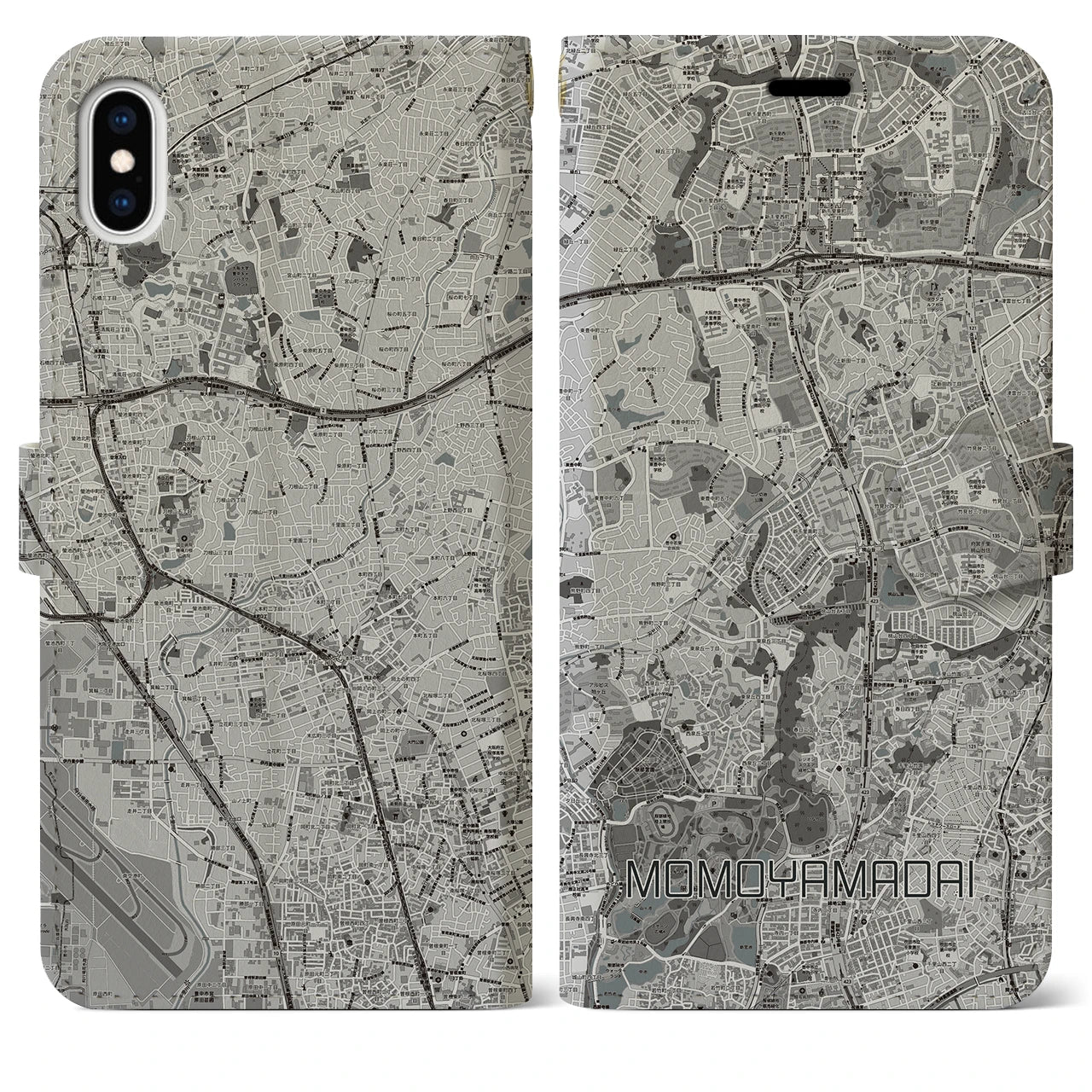 【桃山台(大阪府)】地図柄iPhoneケース(手帳タイプ)モノトーン・iPhone XS Max 用