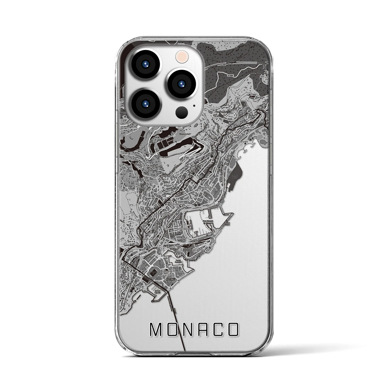 【モナコ】地図柄iPhoneケース(クリアタイプ)モノトーン・iPhone 13 Pro 用