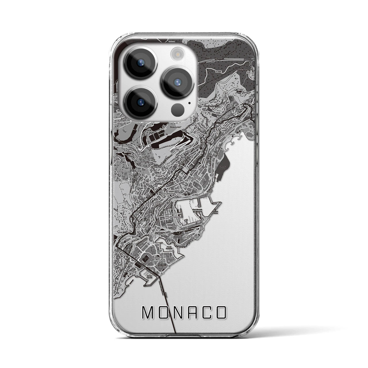 【モナコ】地図柄iPhoneケース(クリアタイプ)モノトーン・iPhone 14 Pro 用