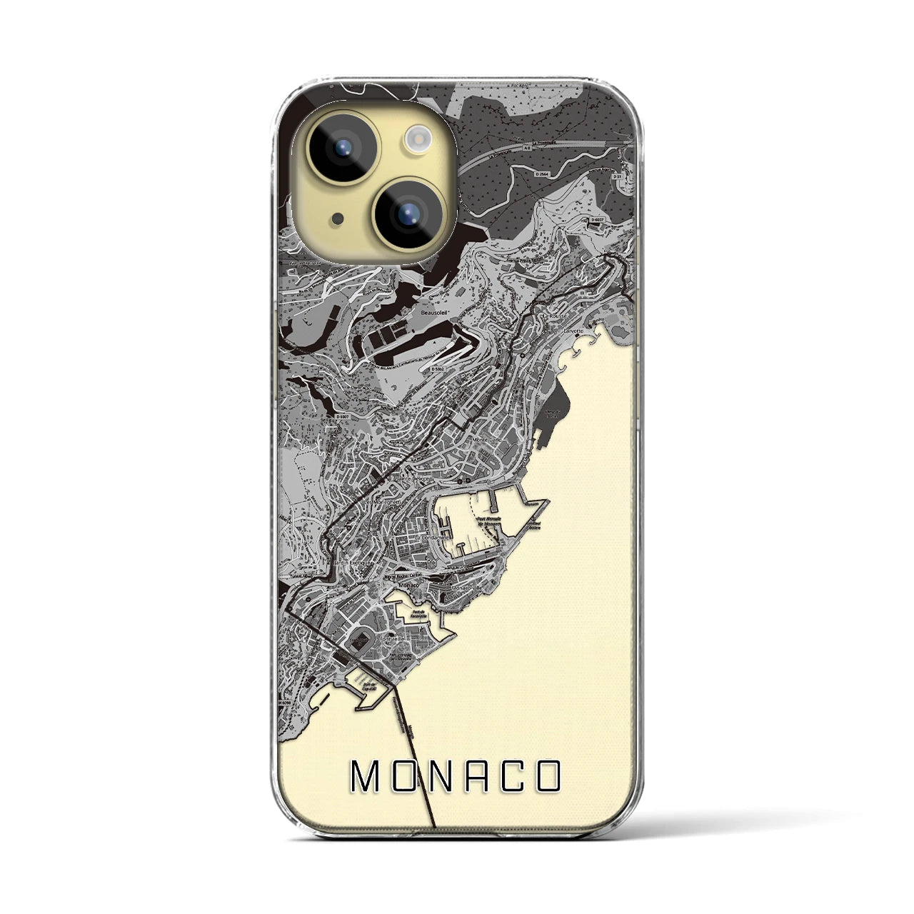 【モナコ】地図柄iPhoneケース(クリアタイプ)モノトーン・iPhone 15 用