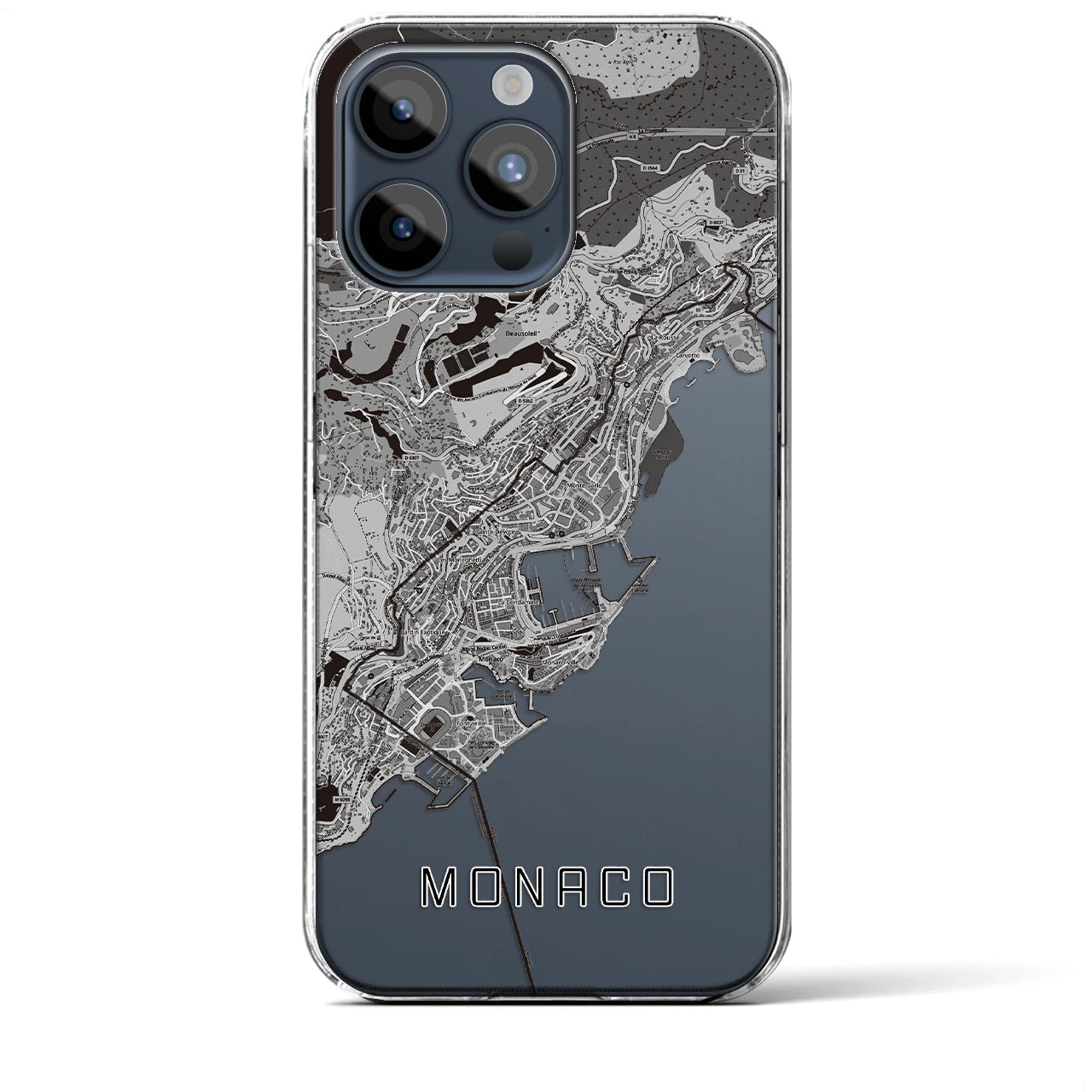 【モナコ】地図柄iPhoneケース(クリアタイプ)モノトーン・iPhone 15 Pro Max 用