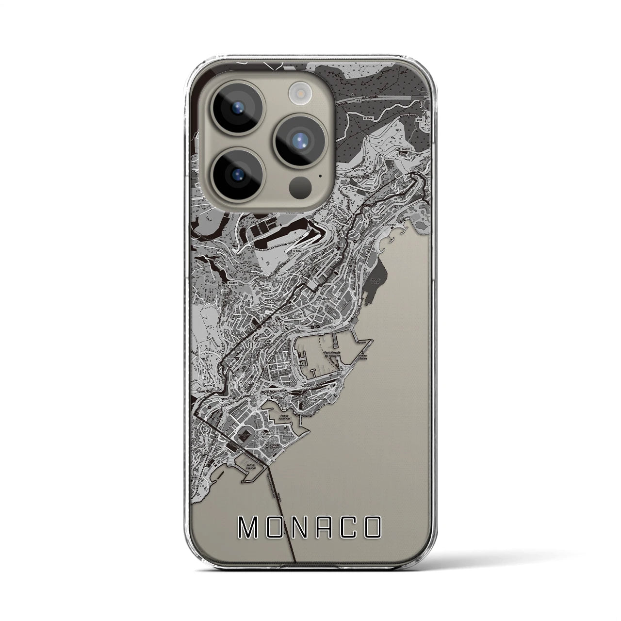 【モナコ】地図柄iPhoneケース(クリアタイプ)モノトーン・iPhone 15 Pro 用