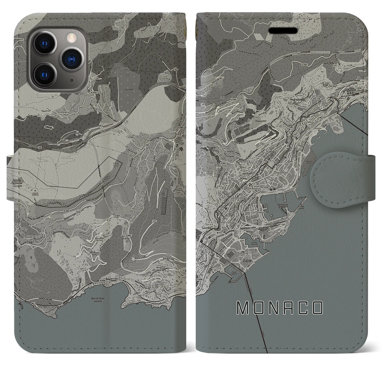 【モナコ】地図柄iPhoneケース(手帳タイプ)モノトーン・iPhone 11 Pro Max 用