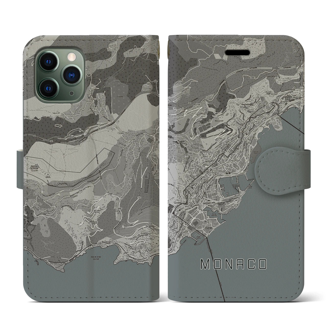 【モナコ】地図柄iPhoneケース(手帳タイプ)モノトーン・iPhone 11 Pro 用