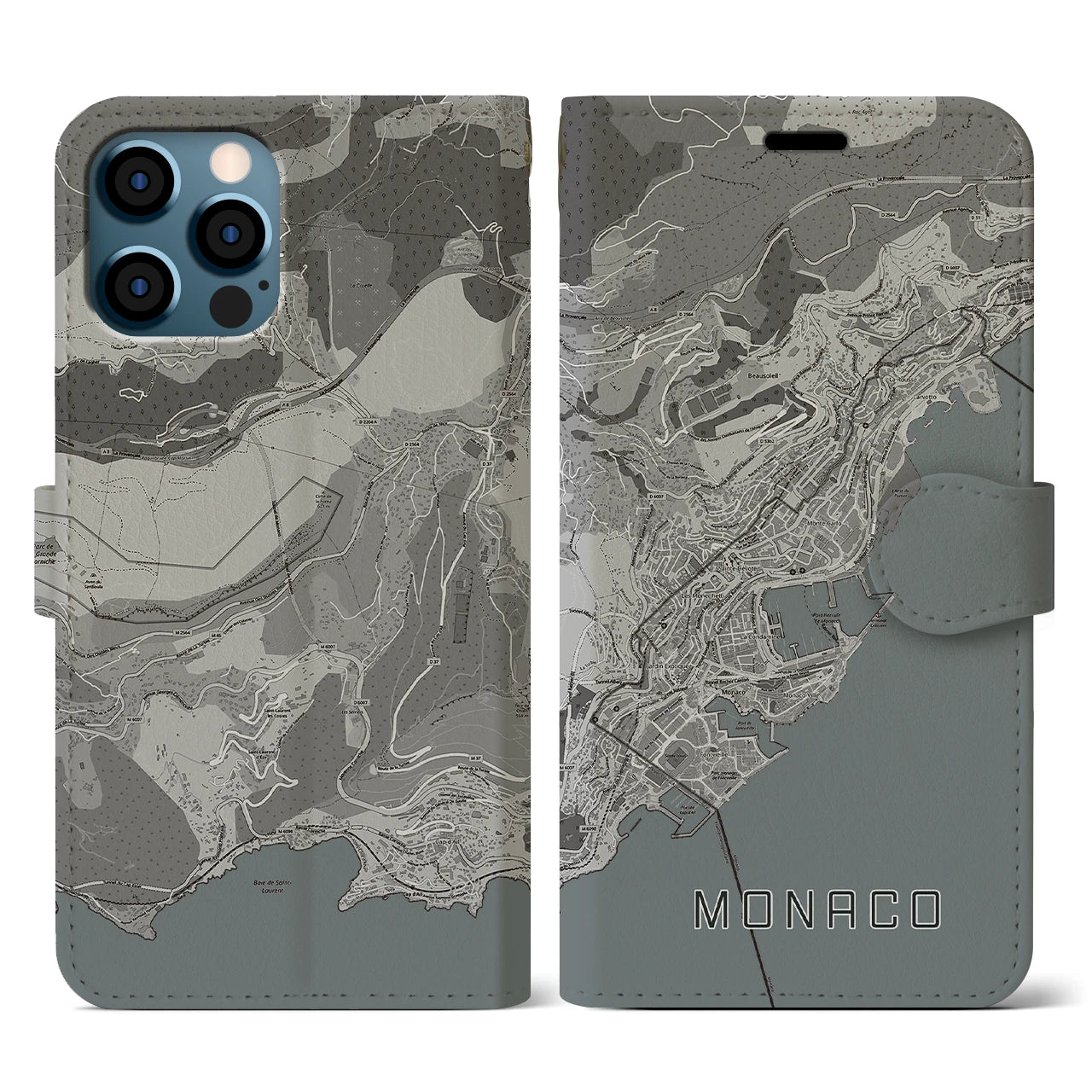 【モナコ】地図柄iPhoneケース(手帳タイプ)モノトーン・iPhone 12 / 12 Pro 用