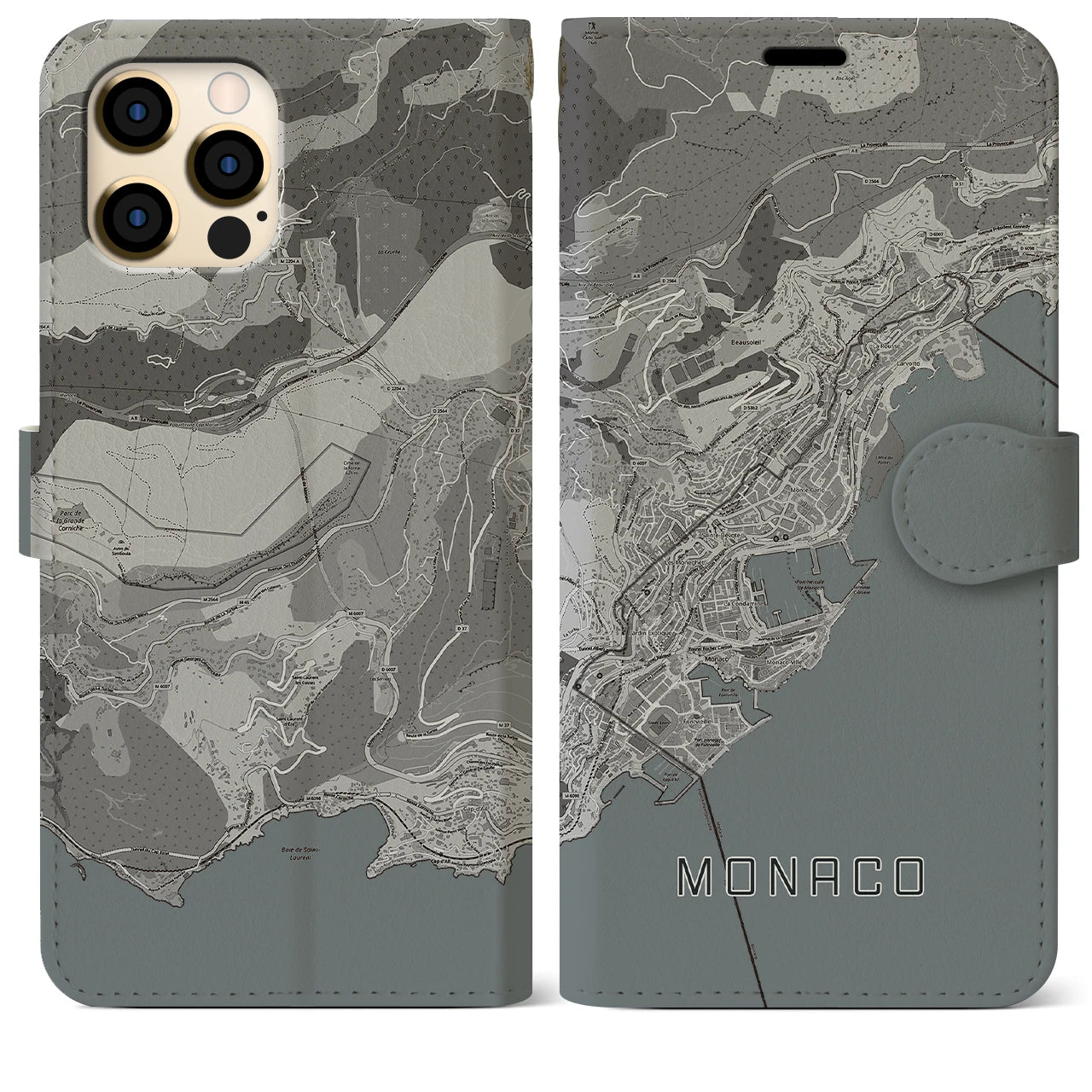 【モナコ】地図柄iPhoneケース(手帳タイプ)モノトーン・iPhone 12 Pro Max 用