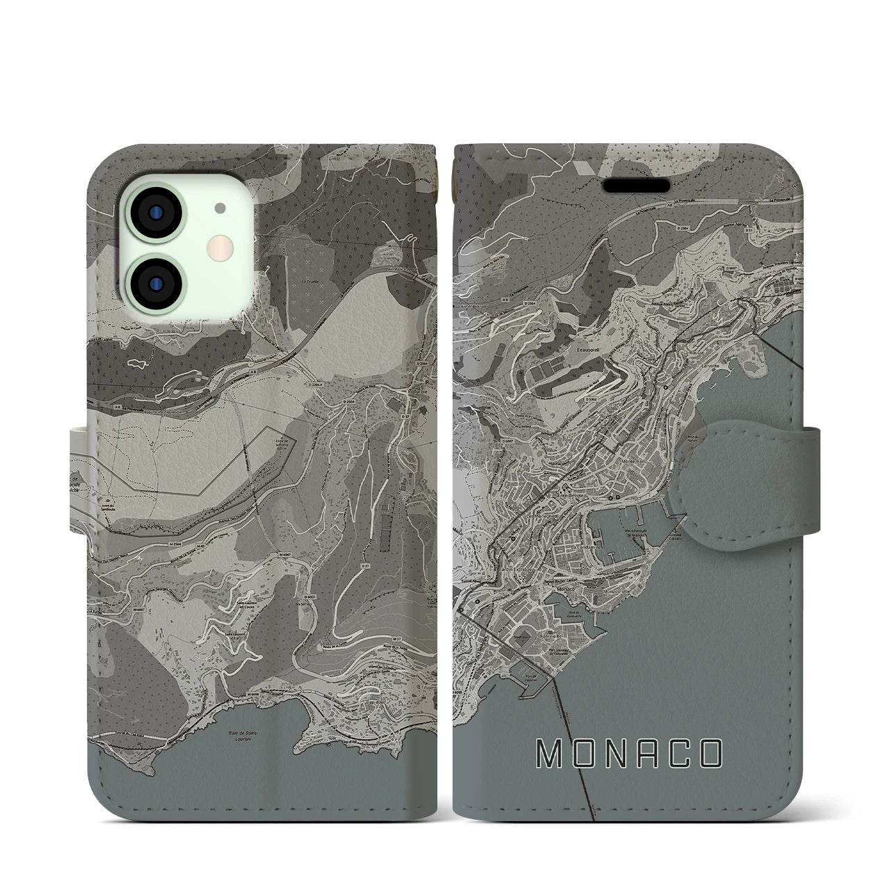 【モナコ】地図柄iPhoneケース(手帳タイプ)モノトーン・iPhone 12 mini 用