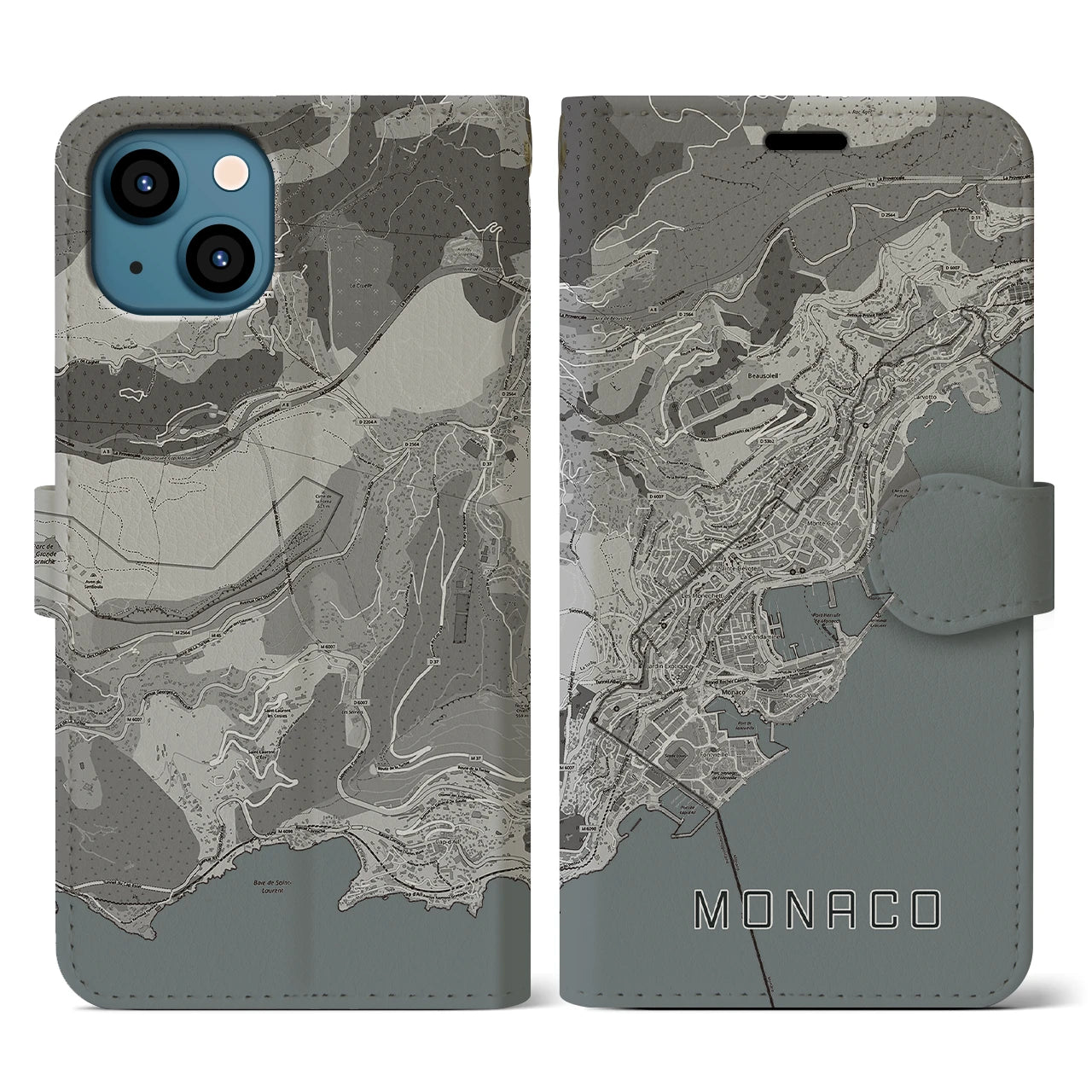 【モナコ】地図柄iPhoneケース(手帳タイプ)モノトーン・iPhone 13 用