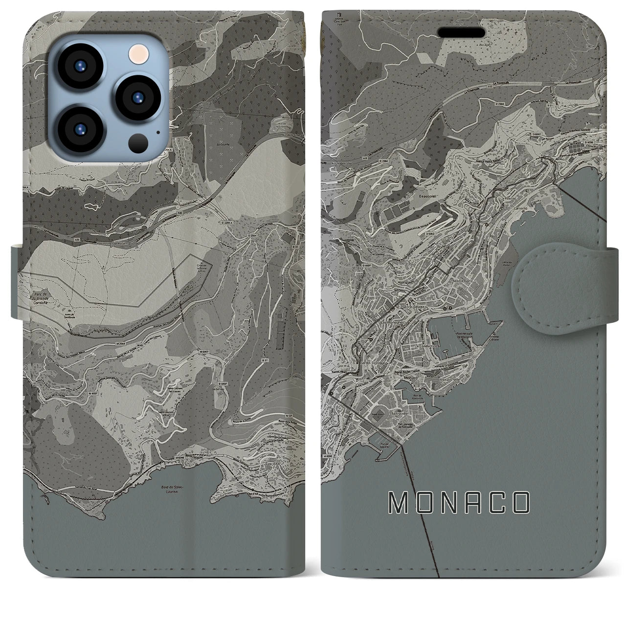 【モナコ】地図柄iPhoneケース(手帳タイプ)モノトーン・iPhone 13 Pro Max 用