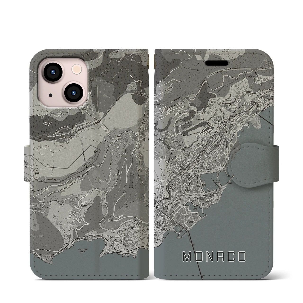 【モナコ】地図柄iPhoneケース(手帳タイプ)モノトーン・iPhone 13 mini 用