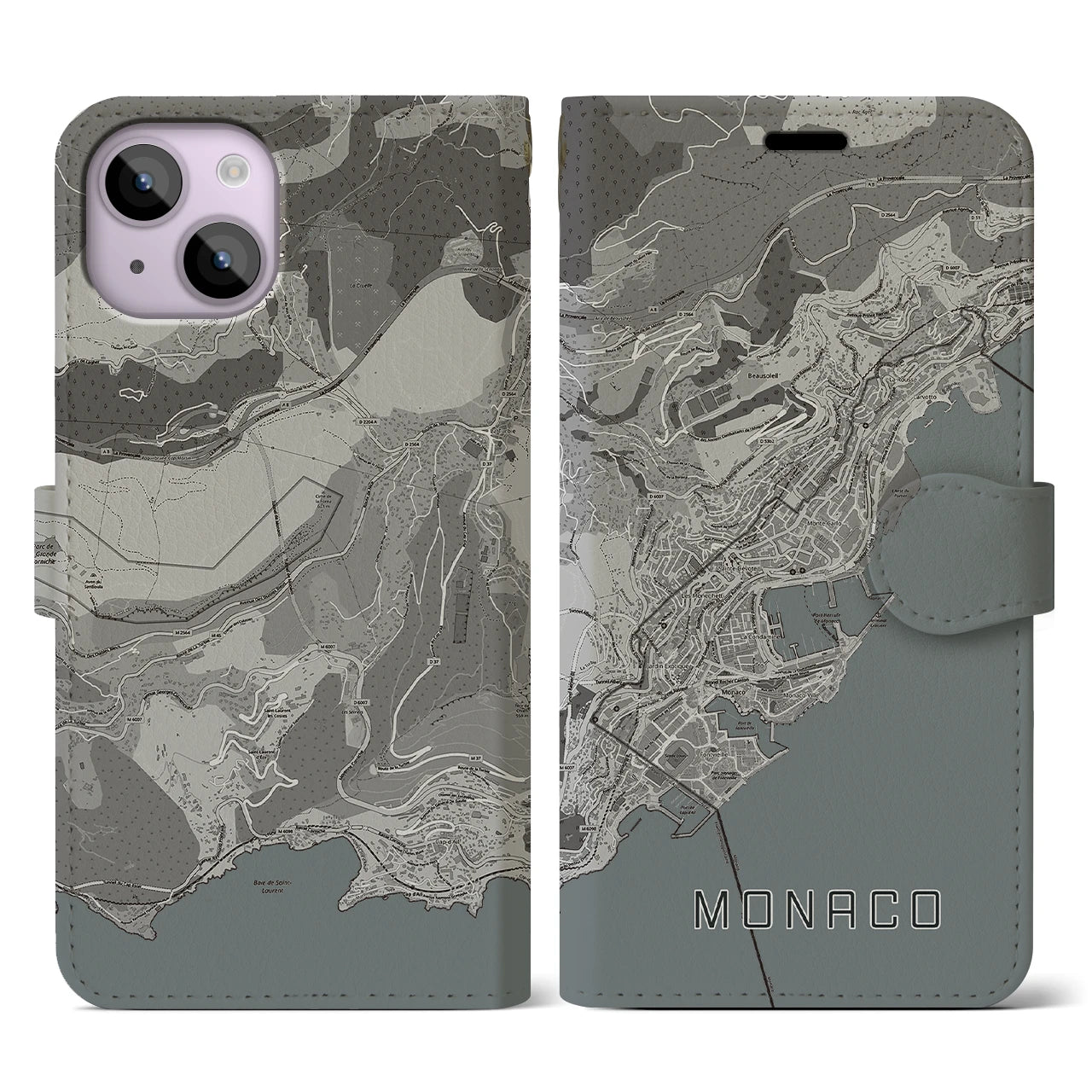 【モナコ】地図柄iPhoneケース(手帳タイプ)モノトーン・iPhone 14 用