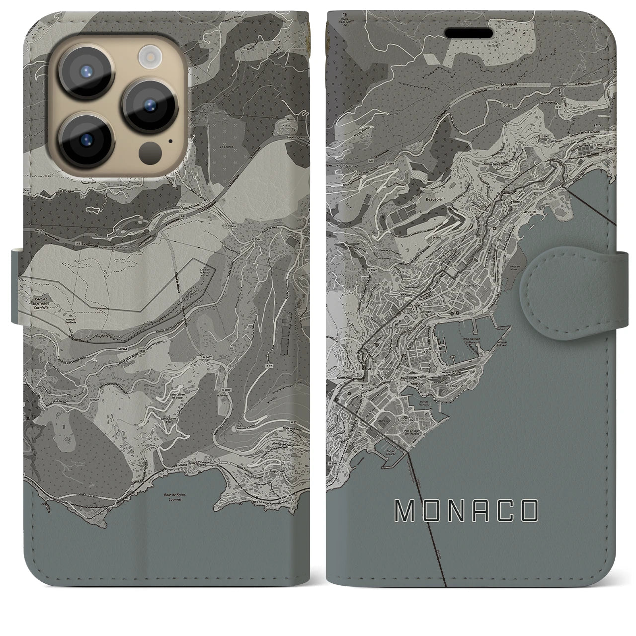 【モナコ】地図柄iPhoneケース(手帳タイプ)モノトーン・iPhone 14 Pro Max 用