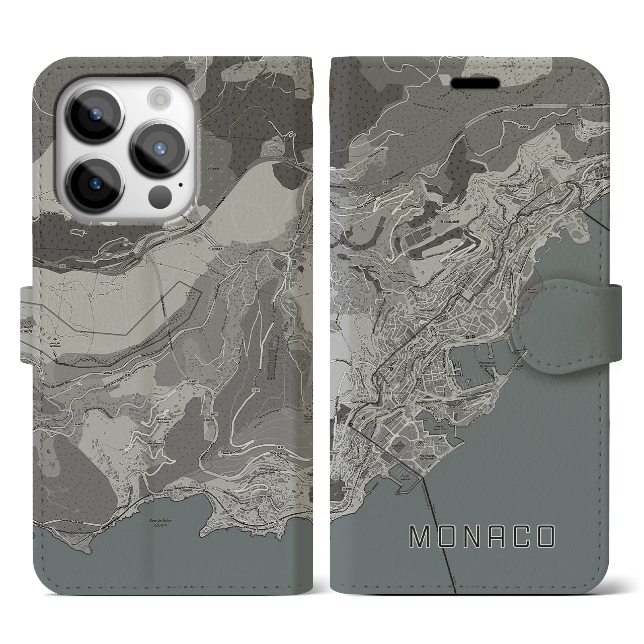 【モナコ】地図柄iPhoneケース(手帳タイプ)モノトーン・iPhone 14 Pro 用