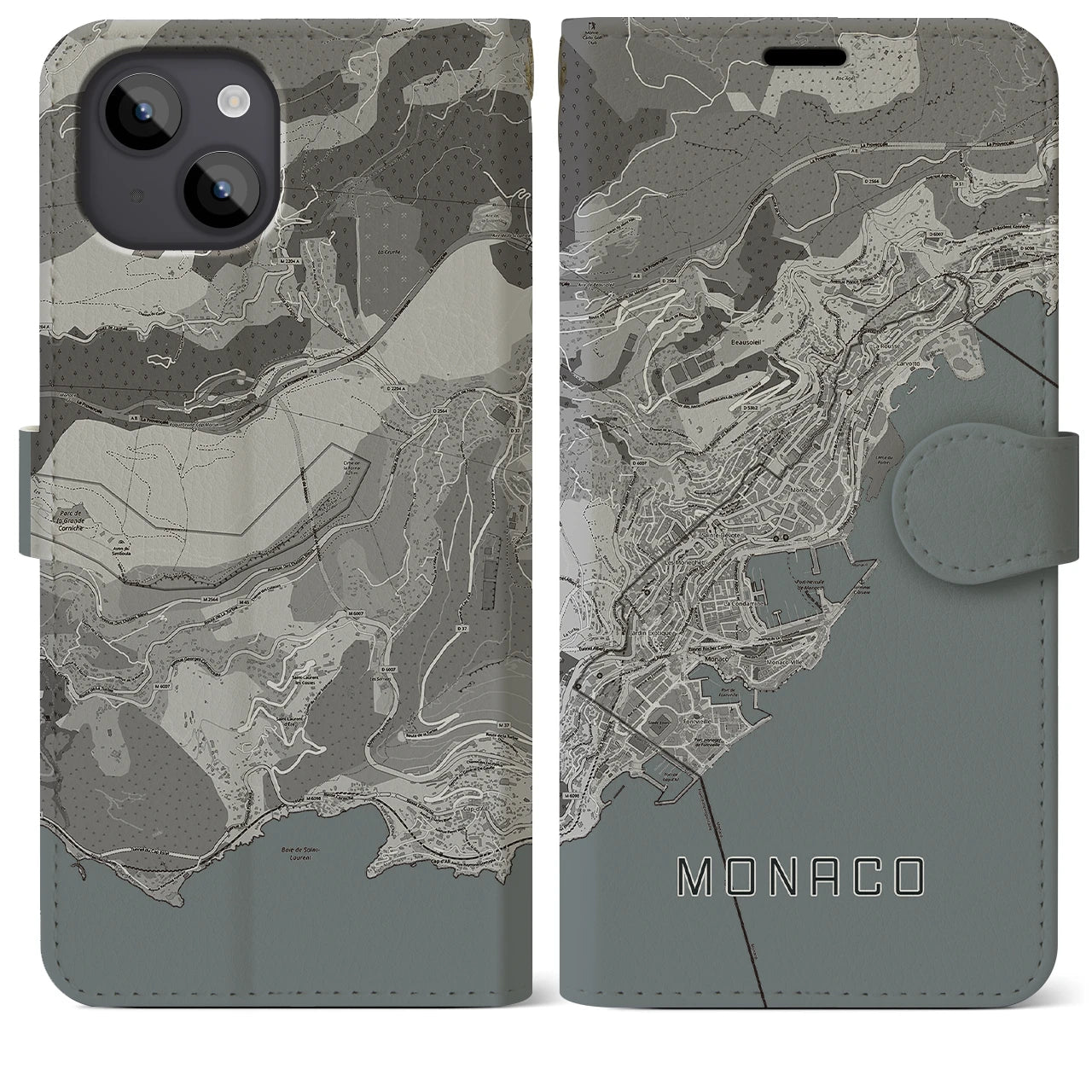 【モナコ】地図柄iPhoneケース(手帳タイプ)モノトーン・iPhone 14 Plus 用