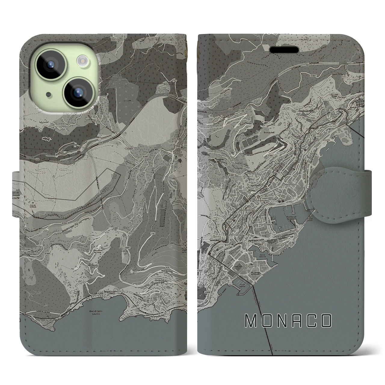 【モナコ】地図柄iPhoneケース(手帳タイプ)モノトーン・iPhone 15 用