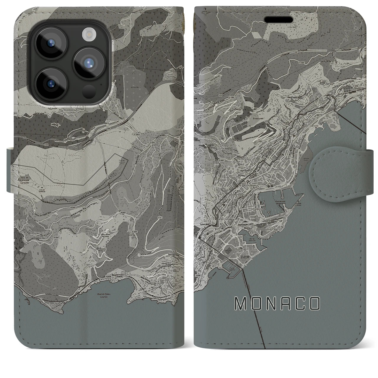 【モナコ】地図柄iPhoneケース(手帳タイプ)モノトーン・iPhone 15 Pro Max 用