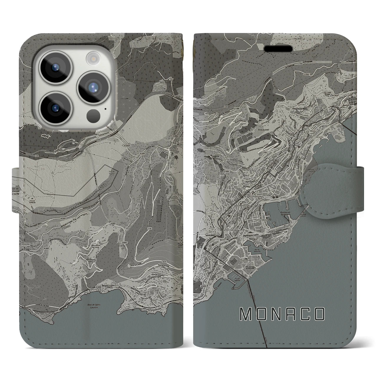 【モナコ】地図柄iPhoneケース(手帳タイプ)モノトーン・iPhone 15 Pro 用
