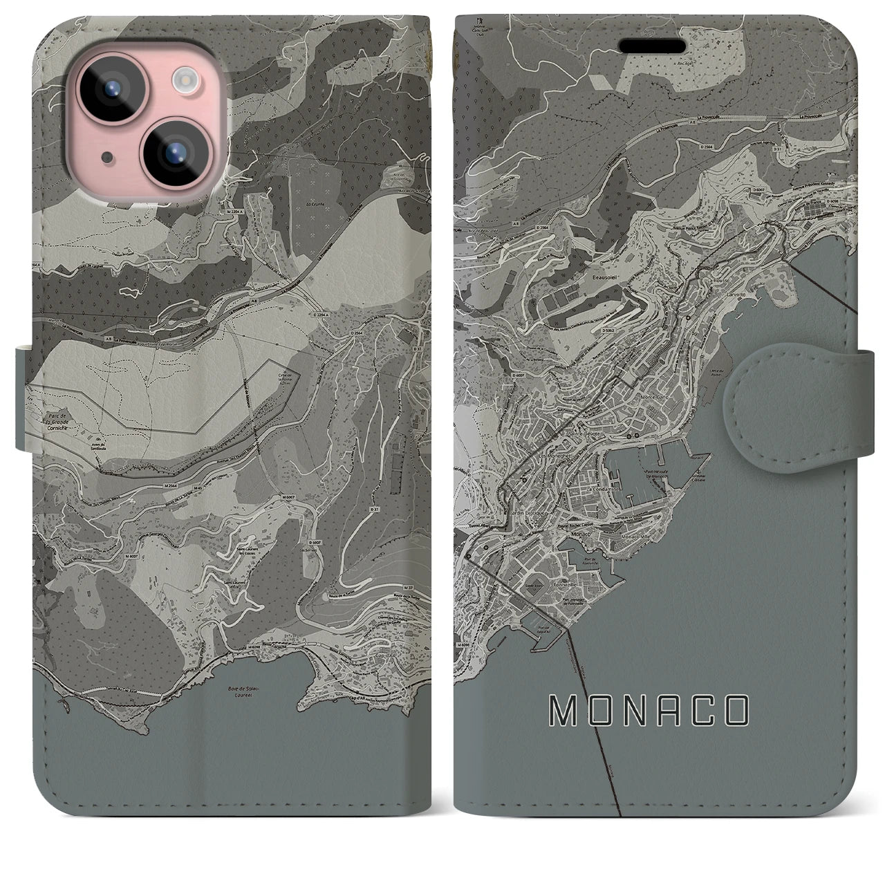 【モナコ】地図柄iPhoneケース(手帳タイプ)モノトーン・iPhone 15 Plus 用