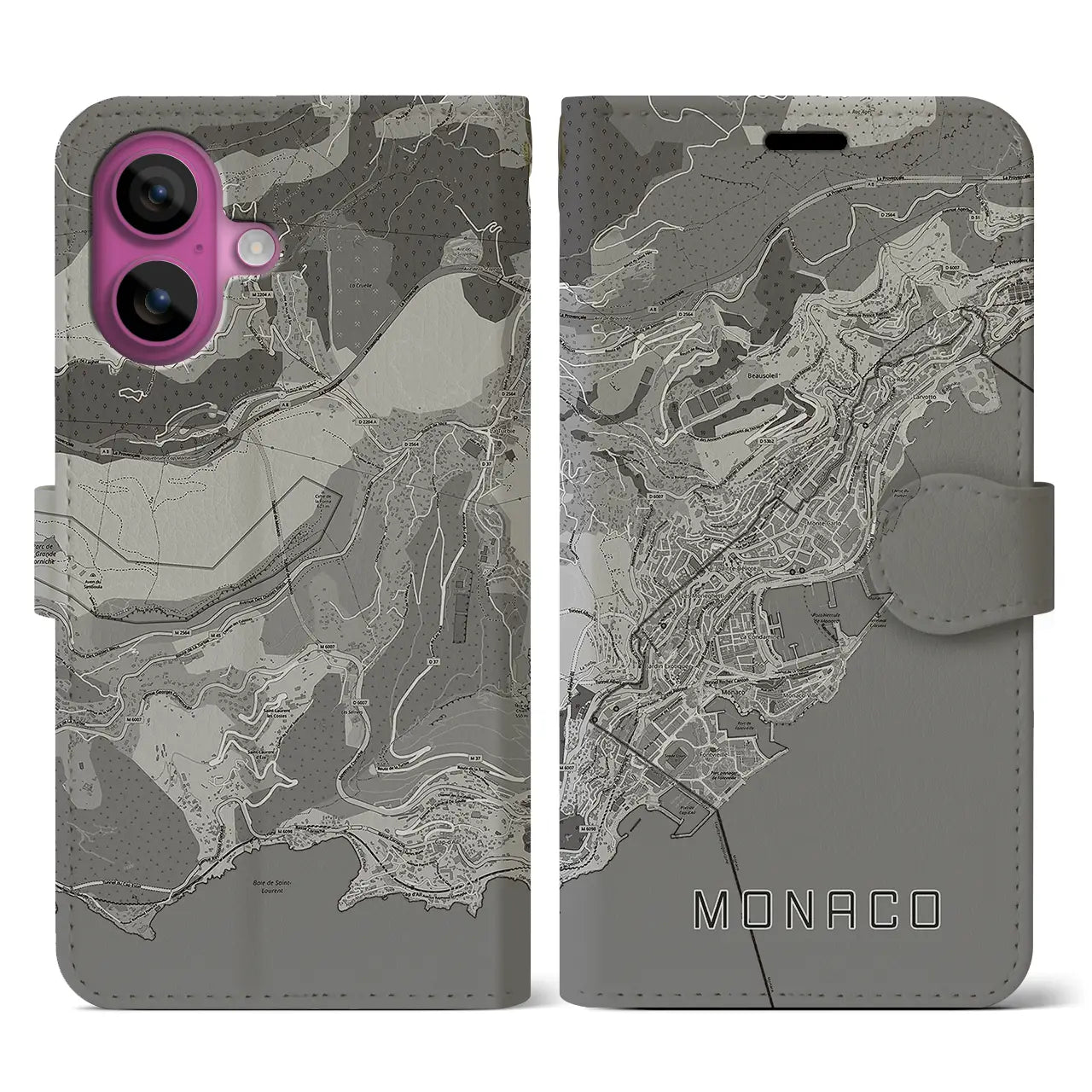 【モナコ】地図柄iPhoneケース(手帳タイプ)モノトーン・iPhone 16 Pro 用