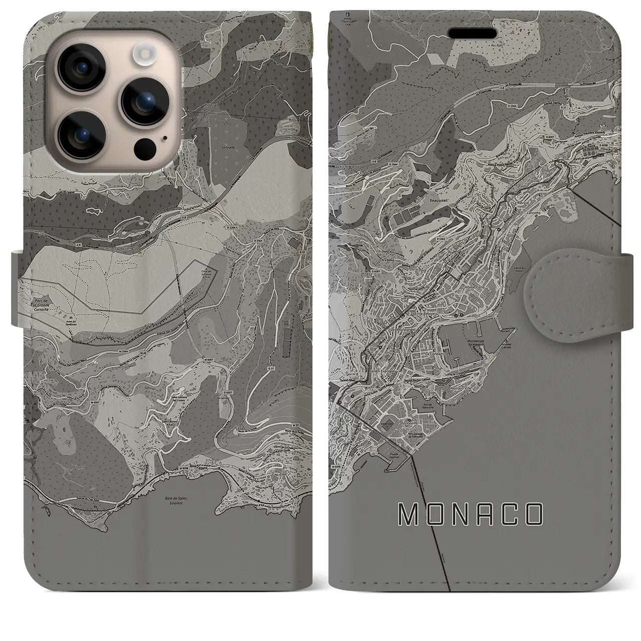 【モナコ】地図柄iPhoneケース(手帳タイプ)モノトーン・iPhone 16 Plus 用