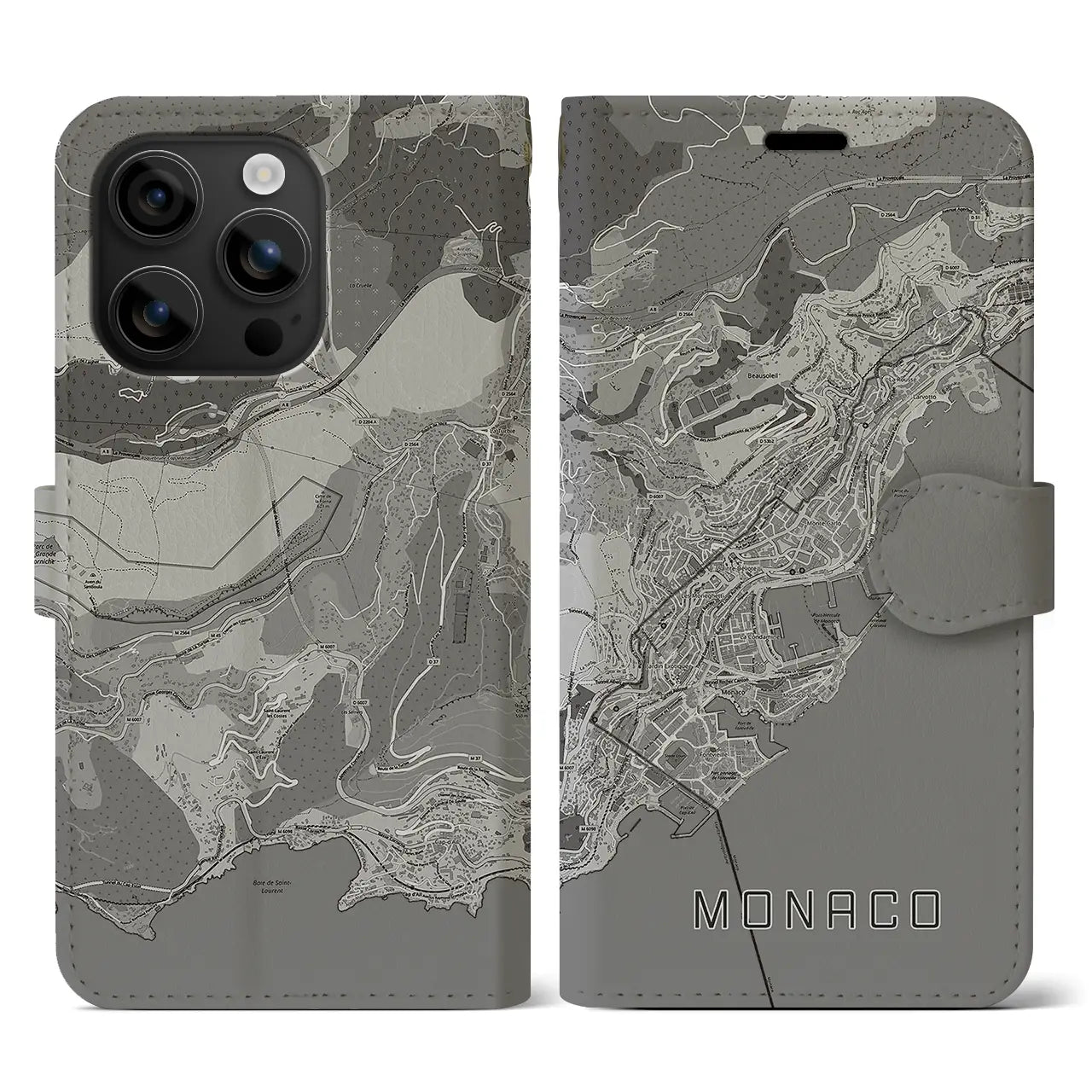 【モナコ】地図柄iPhoneケース(手帳タイプ)モノトーン・iPhone 16 用