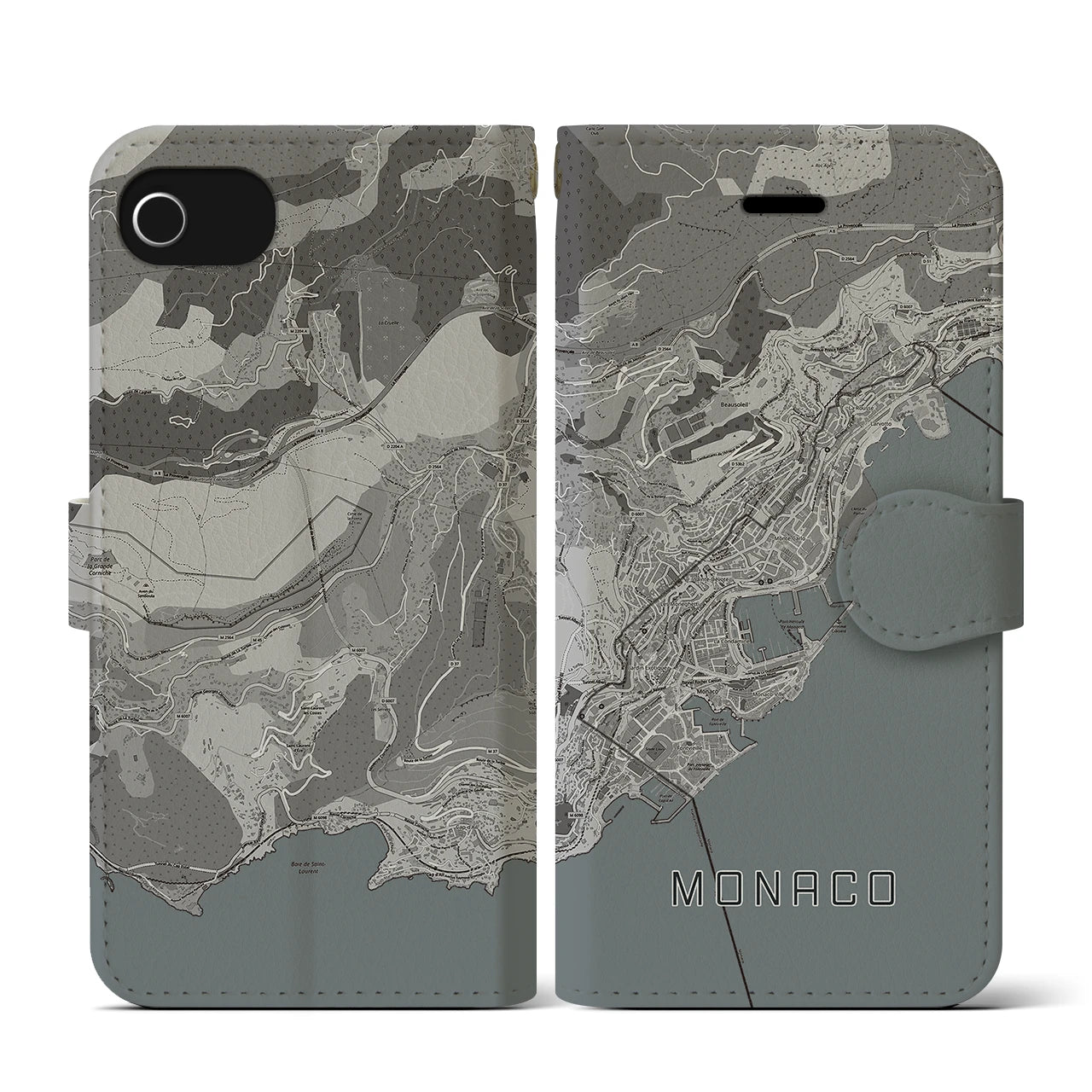 【モナコ】地図柄iPhoneケース(手帳タイプ)モノトーン・iPhone SE(第3 / 第2世代) / 8 / 7 / 6s / 6 用