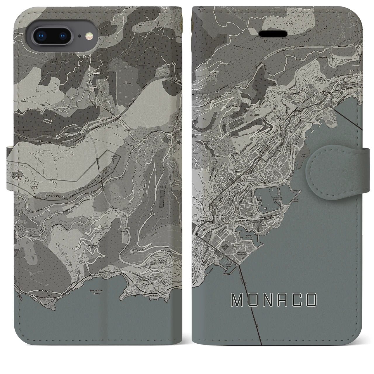【モナコ】地図柄iPhoneケース(手帳タイプ)モノトーン・iPhone 8Plus /7Plus / 6sPlus / 6Plus 用