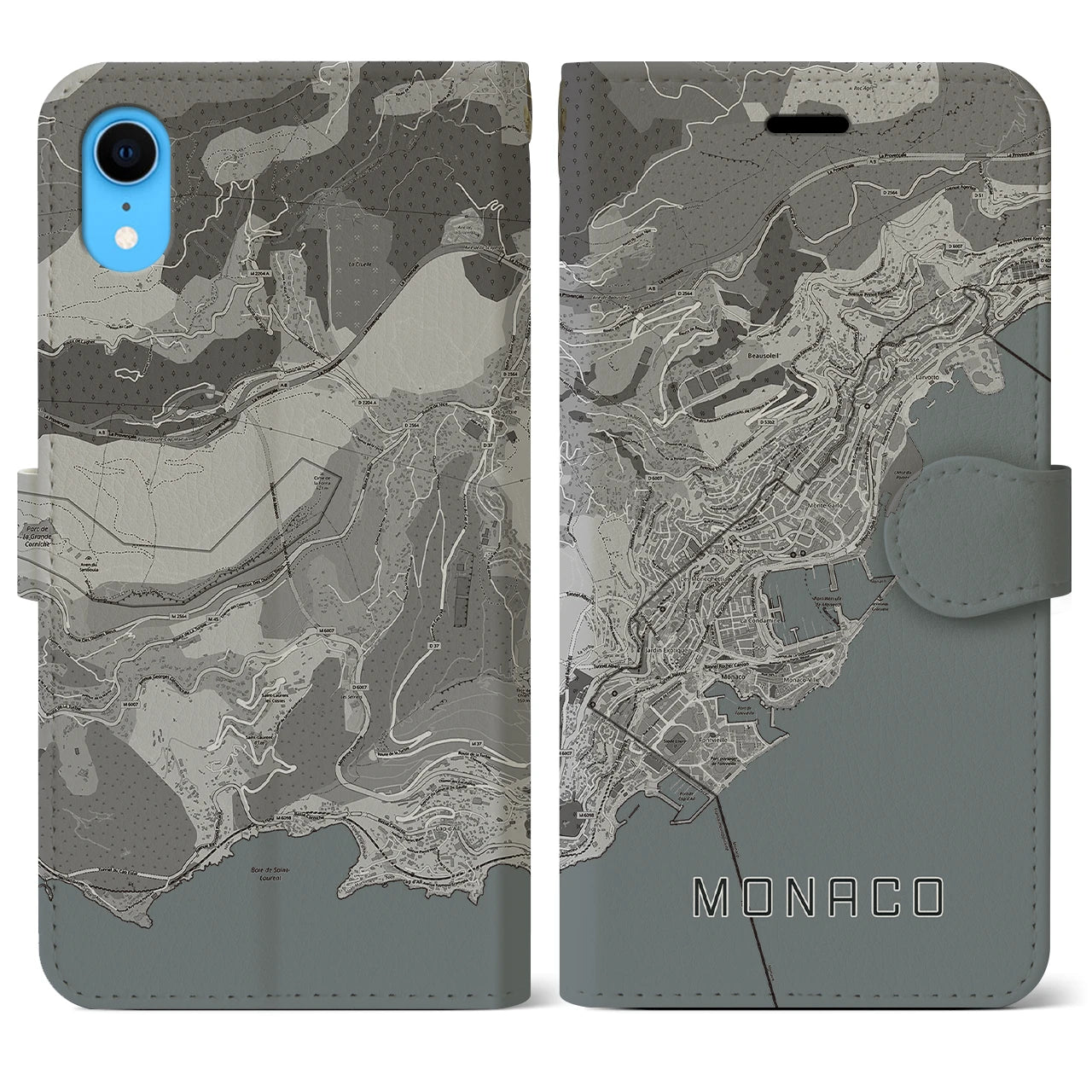 【モナコ】地図柄iPhoneケース(手帳タイプ)モノトーン・iPhone XR 用