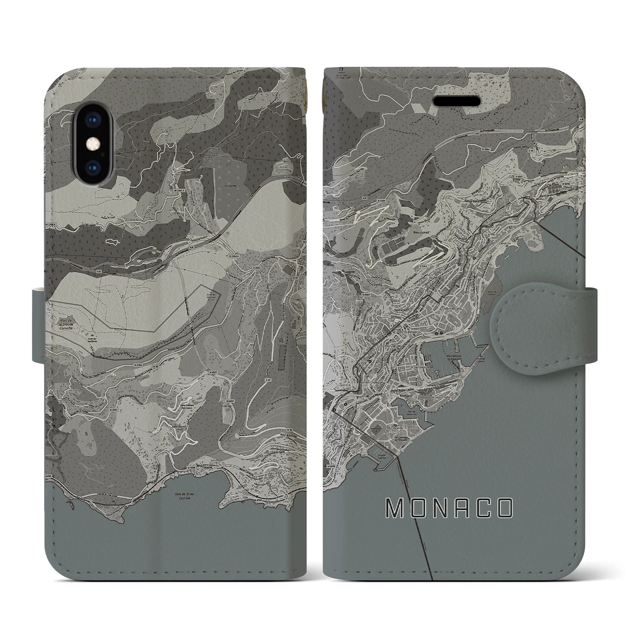 【モナコ】地図柄iPhoneケース(手帳タイプ)モノトーン・iPhone XS / X 用