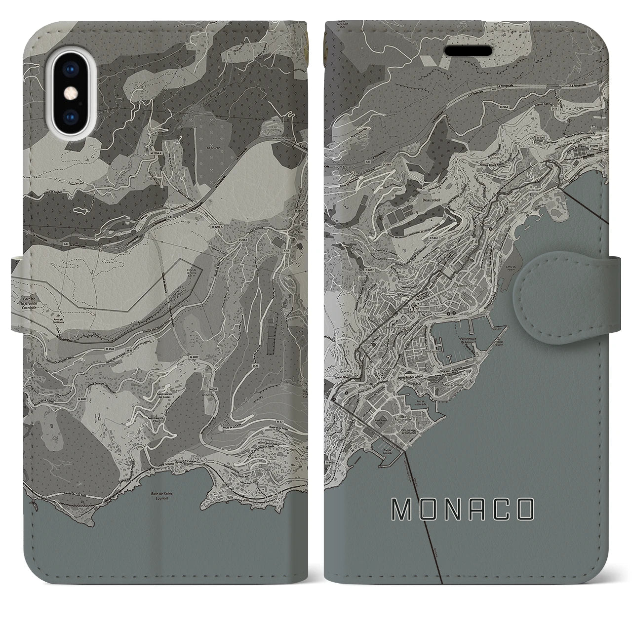 【モナコ】地図柄iPhoneケース(手帳タイプ)モノトーン・iPhone XS Max 用