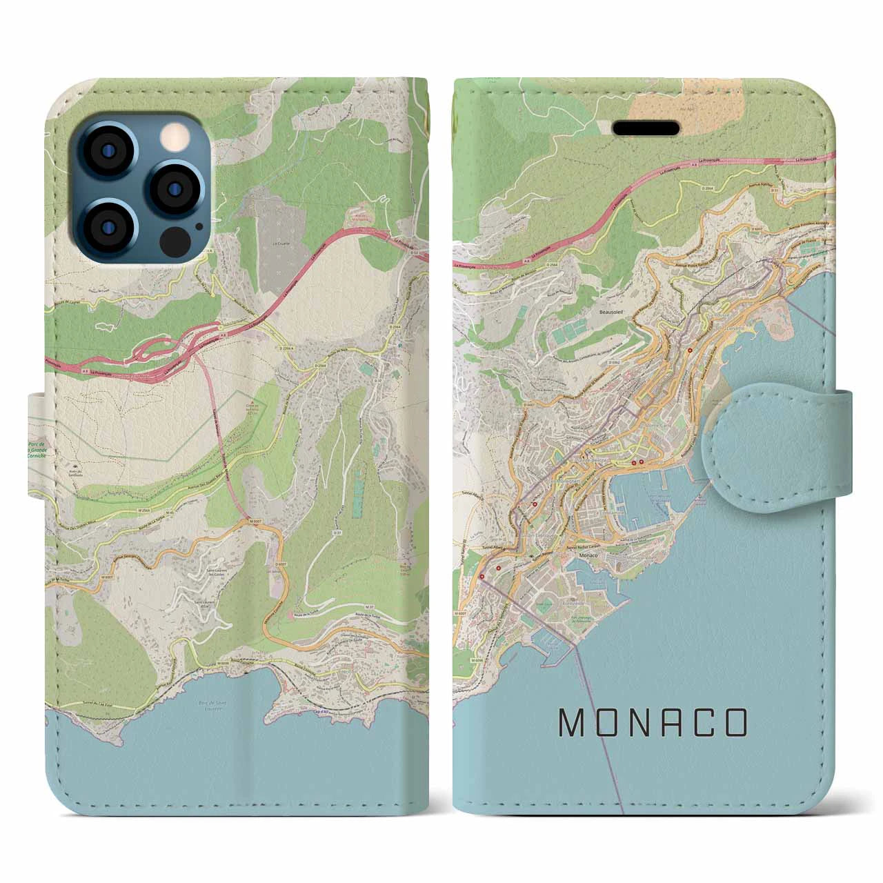 【モナコ】地図柄iPhoneケース(手帳タイプ)ナチュラル・iPhone 12 / 12 Pro 用