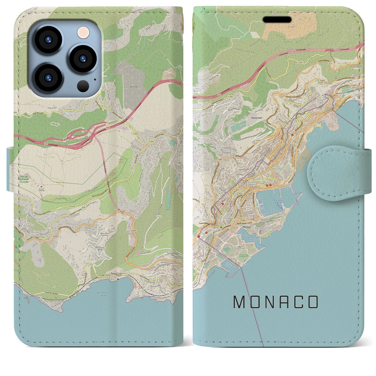【モナコ】地図柄iPhoneケース(手帳タイプ)ナチュラル・iPhone 13 Pro Max 用