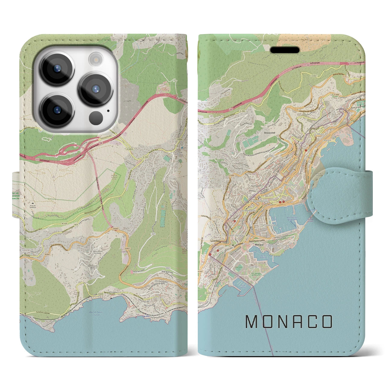 【モナコ】地図柄iPhoneケース(手帳タイプ)ナチュラル・iPhone 14 Pro 用