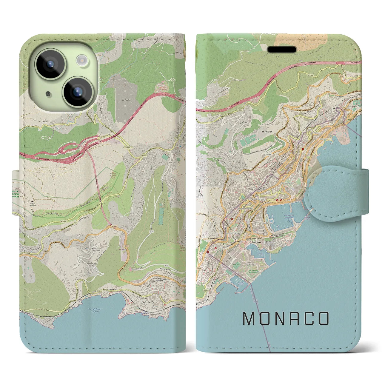 【モナコ】地図柄iPhoneケース(手帳タイプ)ナチュラル・iPhone 15 用