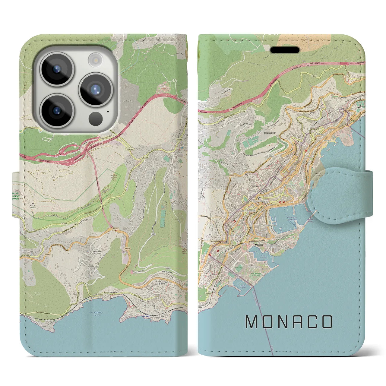 【モナコ】地図柄iPhoneケース(手帳タイプ)ナチュラル・iPhone 15 Pro 用