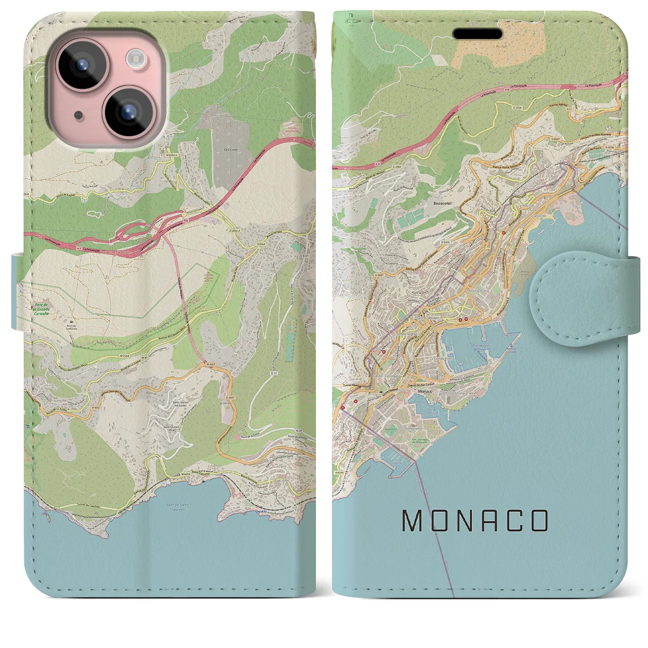 【モナコ】地図柄iPhoneケース(手帳タイプ)ナチュラル・iPhone 15 Plus 用