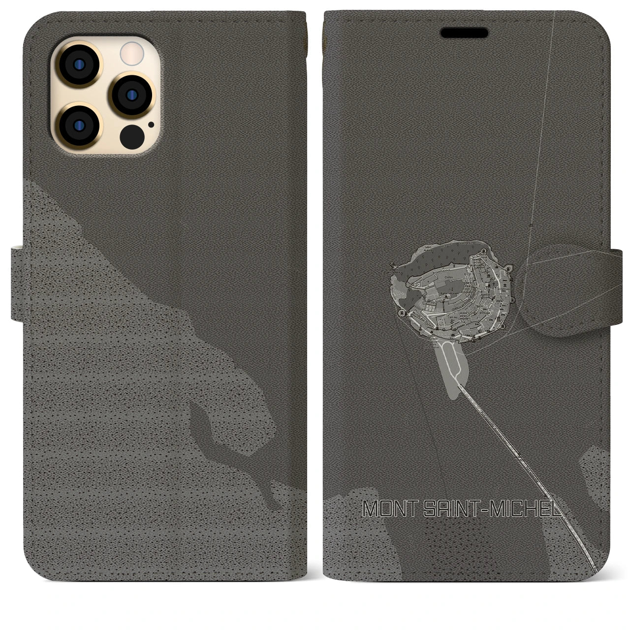 【モン・サン=ミシェル(フランス)】地図柄iPhoneケース(手帳タイプ)モノトーン・iPhone 12 Pro Max 用