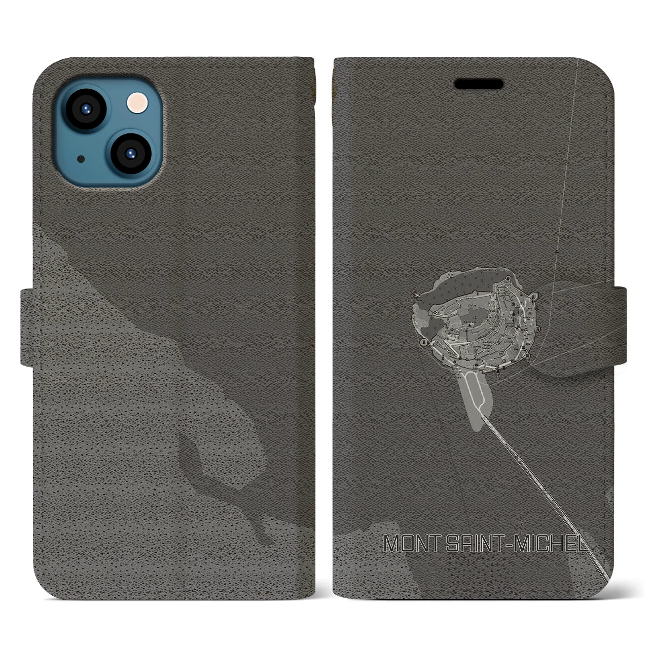 【モン・サン=ミシェル(フランス)】地図柄iPhoneケース(手帳タイプ)モノトーン・iPhone 13 用