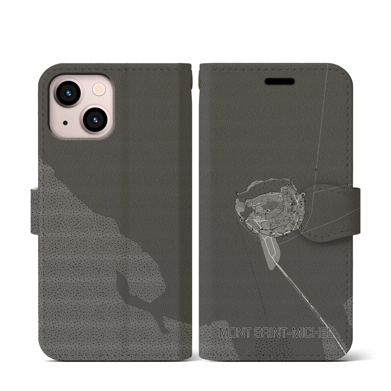 【モン・サン=ミシェル(フランス)】地図柄iPhoneケース(手帳タイプ)モノトーン・iPhone 13 mini 用