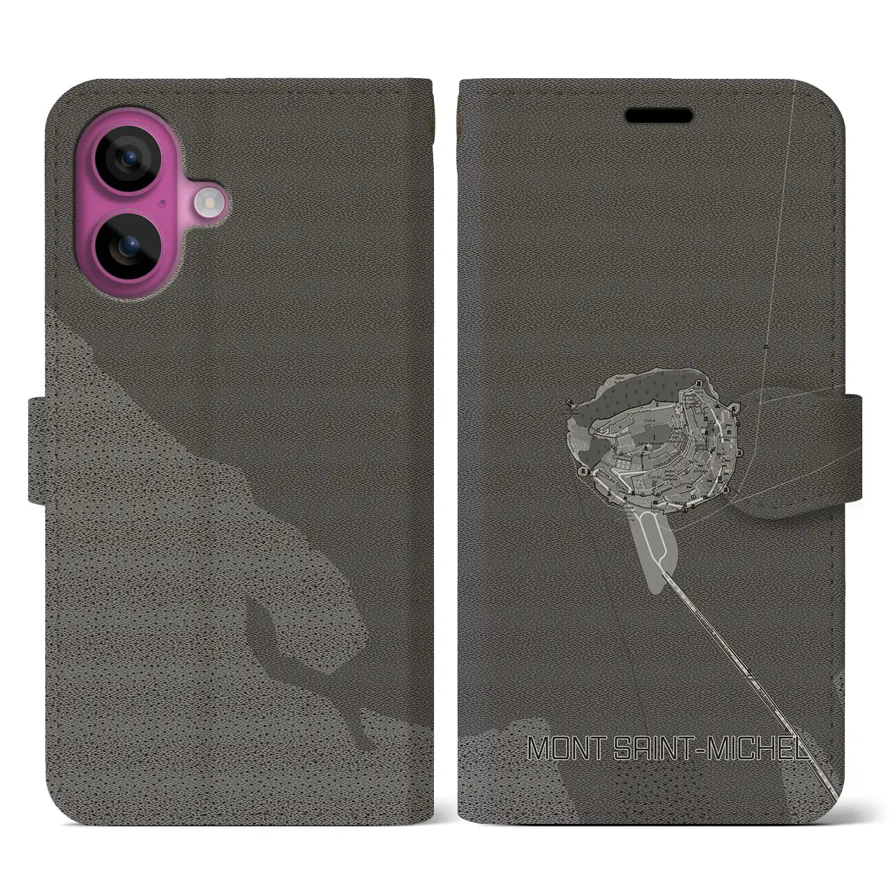 【モン・サン=ミシェル(フランス)】地図柄iPhoneケース(手帳タイプ)モノトーン・iPhone 16 Pro 用