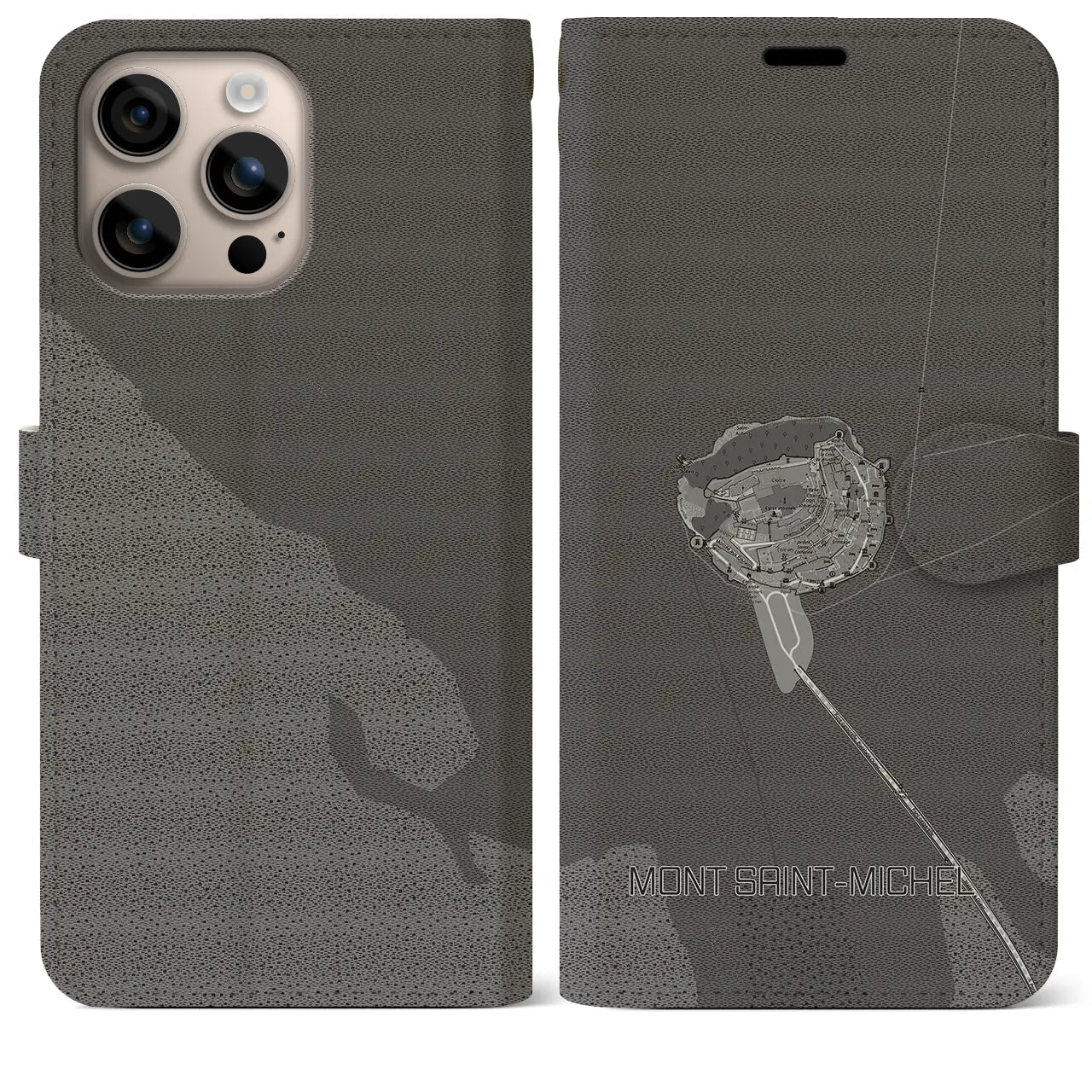 【モン・サン=ミシェル(フランス)】地図柄iPhoneケース(手帳タイプ)モノトーン・iPhone 16 Plus 用