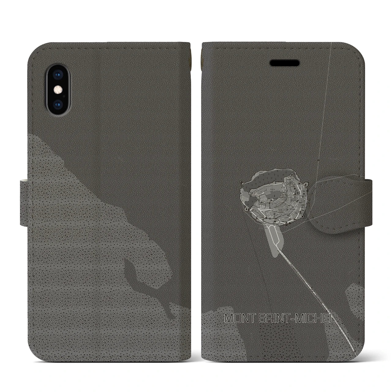 【モン・サン=ミシェル(フランス)】地図柄iPhoneケース(手帳タイプ)モノトーン・iPhone XS / X 用
