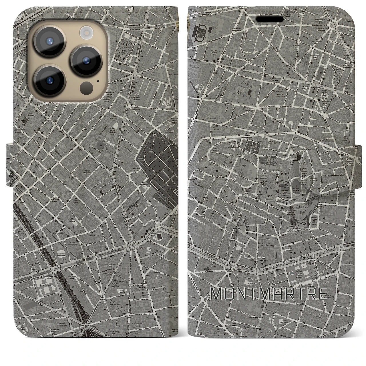 【モンマルトル(フランス)】地図柄iPhoneケース(手帳タイプ)ナチュラル・iPhone 14 Pro Max 用