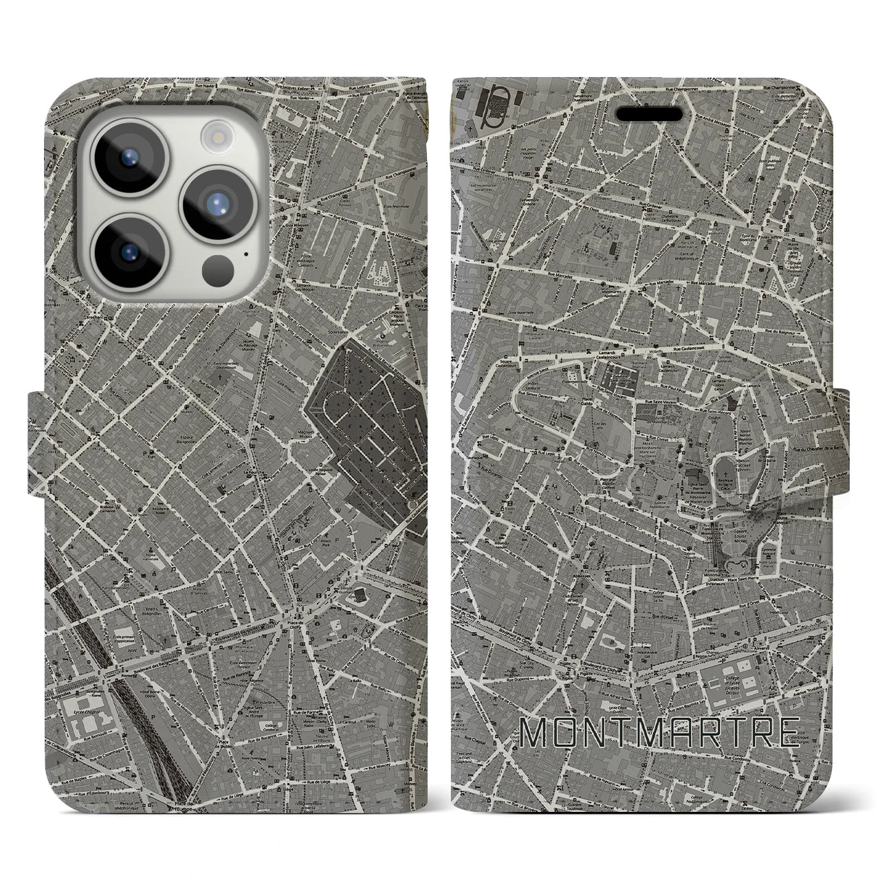 【モンマルトル(フランス)】地図柄iPhoneケース(手帳タイプ)ナチュラル・iPhone 15 Pro 用