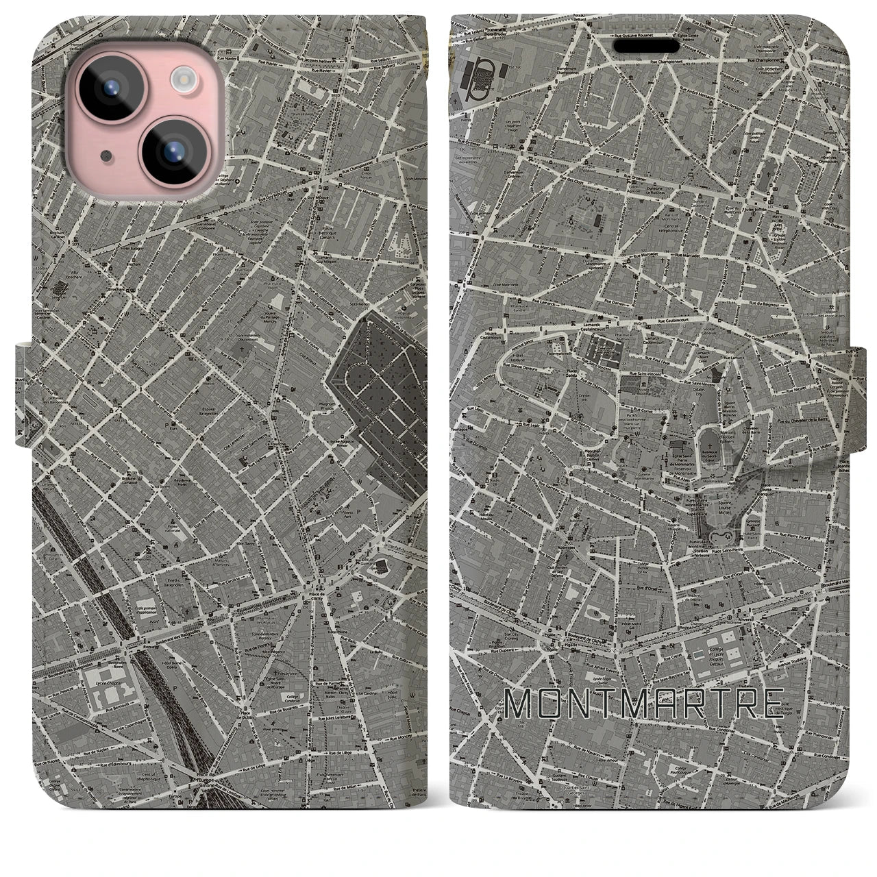 【モンマルトル(フランス)】地図柄iPhoneケース(手帳タイプ)ナチュラル・iPhone 15 Plus 用