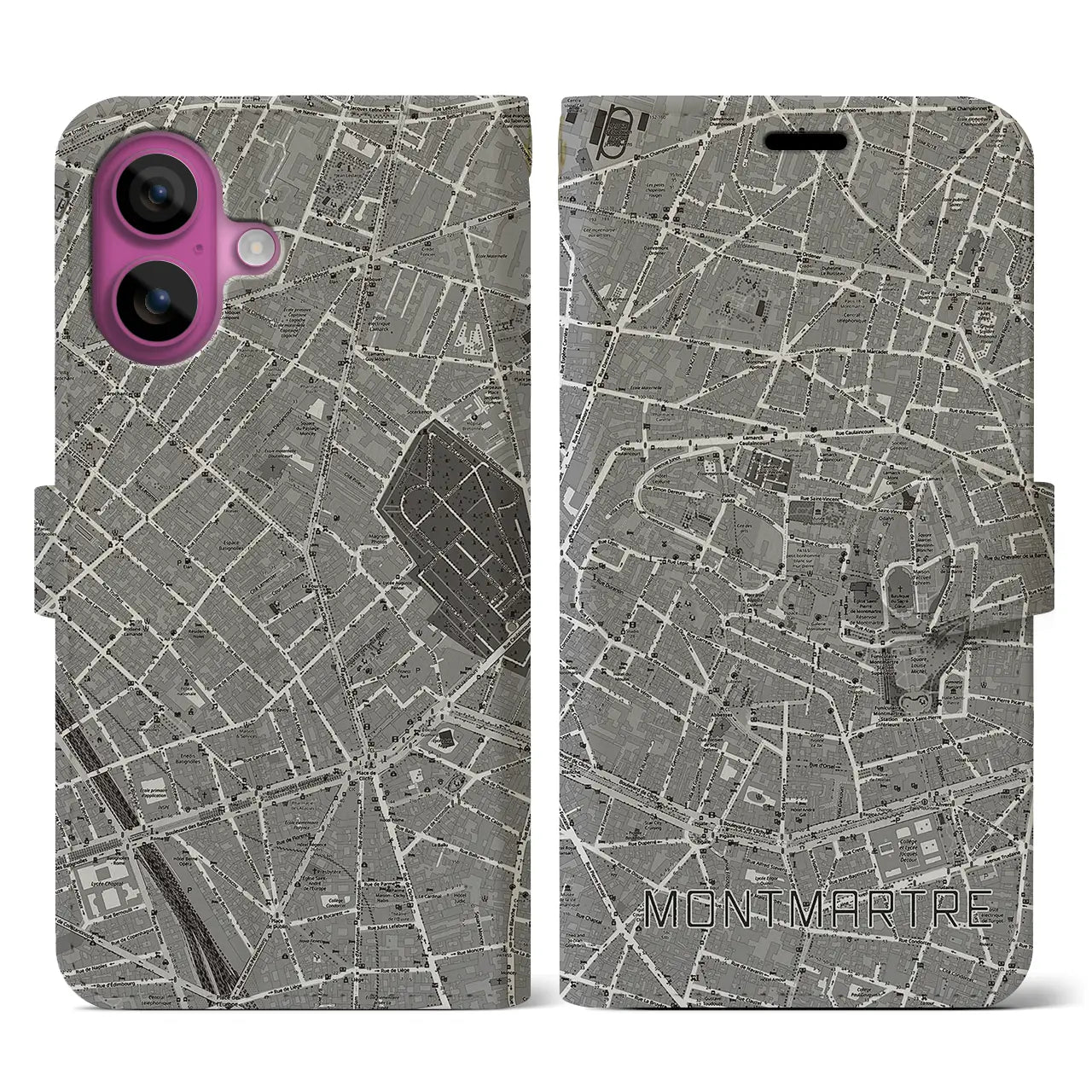 【モンマルトル(フランス)】地図柄iPhoneケース(手帳タイプ)モノトーン・iPhone 16 Pro 用