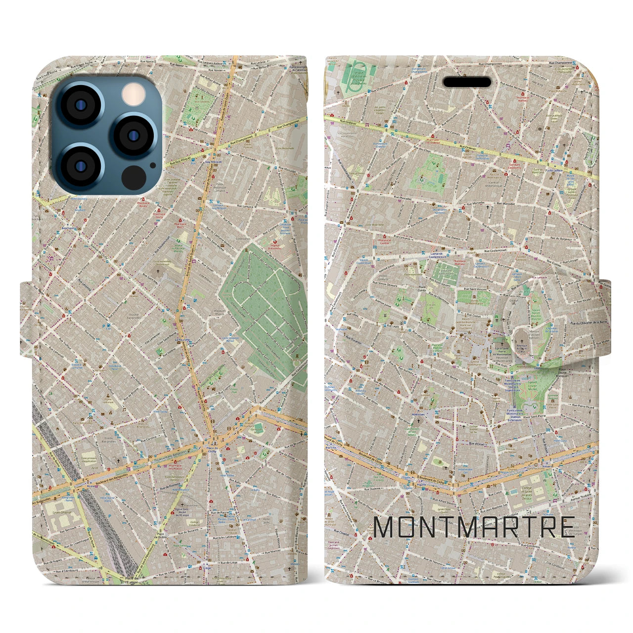 【モンマルトル(フランス)】地図柄iPhoneケース(手帳タイプ)モノトーン・iPhone 12 / 12 Pro 用