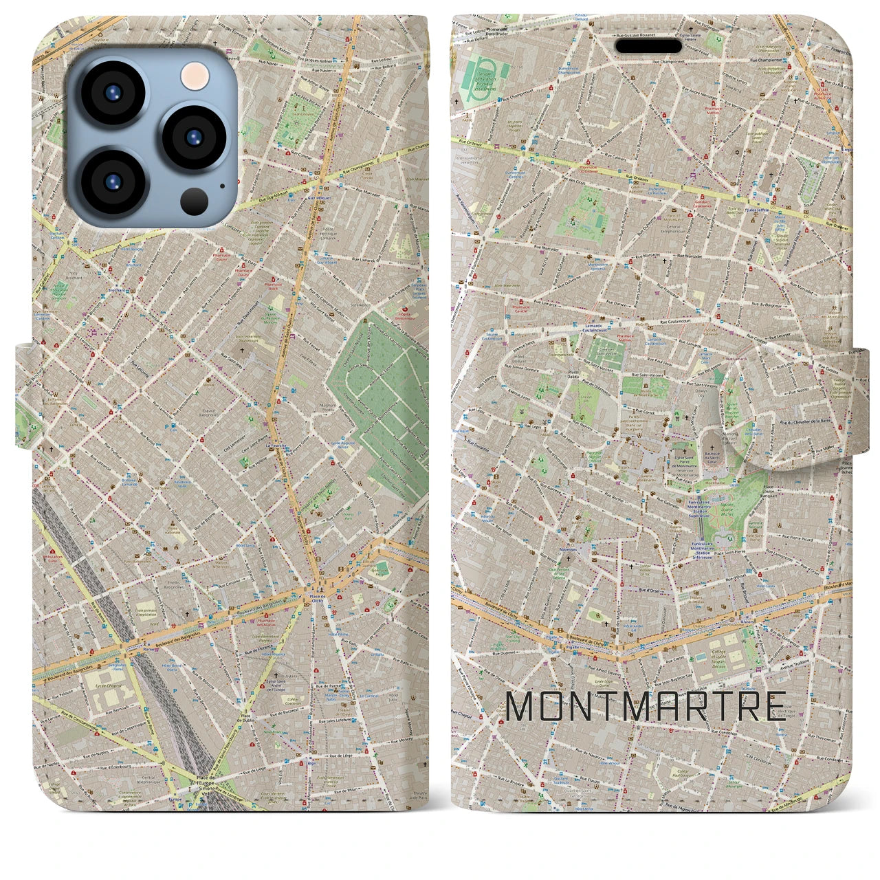 【モンマルトル(フランス)】地図柄iPhoneケース(手帳タイプ)モノトーン・iPhone 13 Pro Max 用