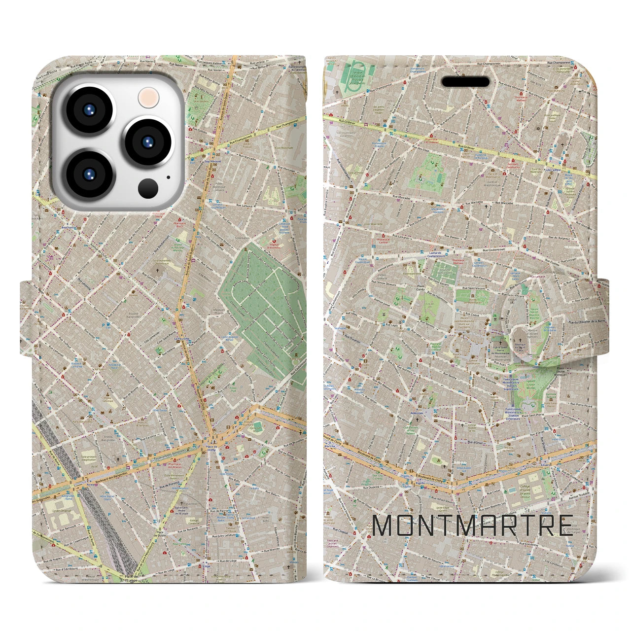 【モンマルトル(フランス)】地図柄iPhoneケース(手帳タイプ)モノトーン・iPhone 13 Pro 用