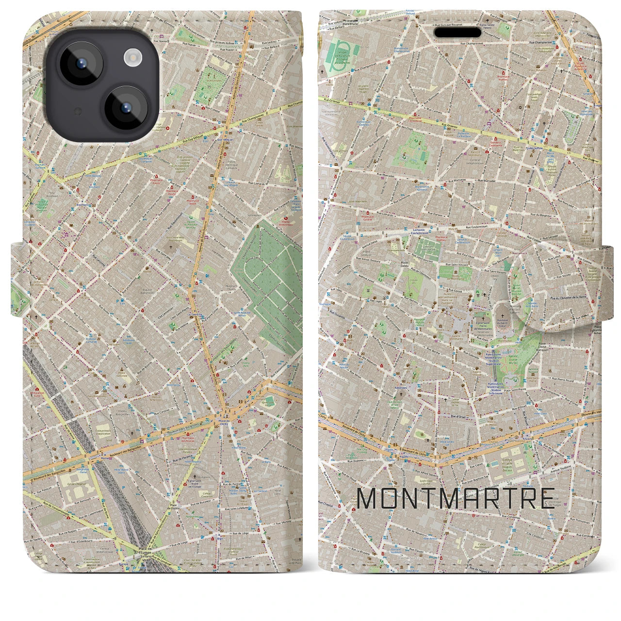 【モンマルトル(フランス)】地図柄iPhoneケース(手帳タイプ)モノトーン・iPhone 14 Plus 用